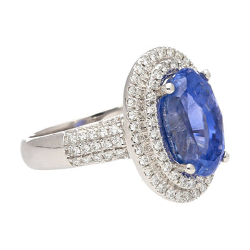 6.34 Carat No Heat Oval Cut Blue Sapphire and Diamond Halo 18K Ring GRS Certified – Assay Jewelers