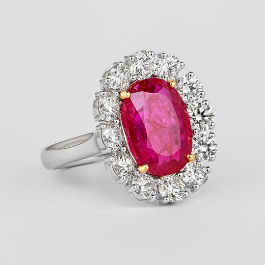 6.45 Carat No-Heat Burma Ruby Oval Cut & Round Diamond Halo Ring