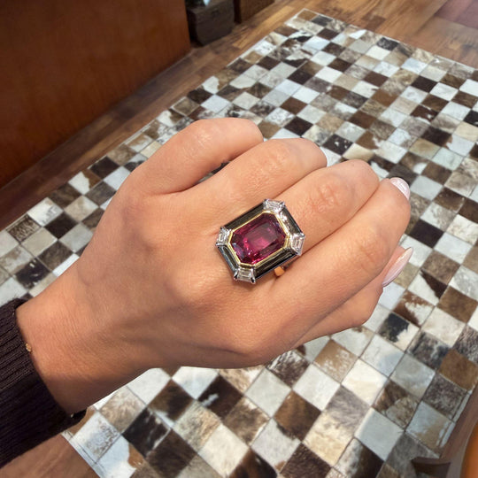 6.94 Carat Emerald Cut Ruby & Diamond 18K Black Bezel Gold Ring