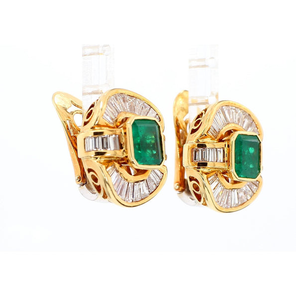 7 Carat Emerald & Baguette Diamond 18K Gold Ballerina Statement Earrings