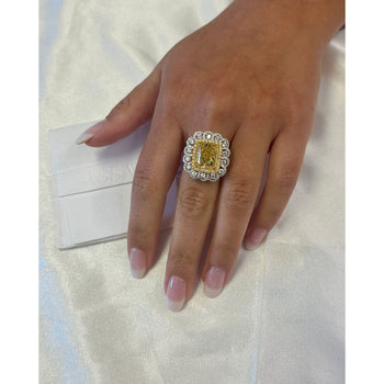 7 Carat Fancy Intense Yellow Radiant Cut Diamond and Diamond Halo Ring | GIA Certified – Assay Jewelers