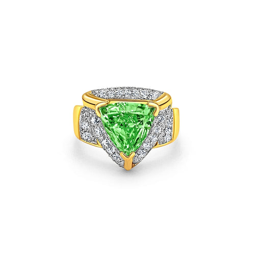 7 Carat Trilliant Cut Watermelon Green Tourmaline with Diamond Sides in 18K Gold 2 Tone Ring