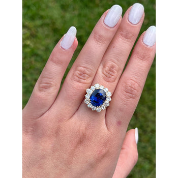 7.15 Carat Oval Cut Blue Sapphire & Diamond Halo Ring in 14K Yellow Gold – Assay Jewelers