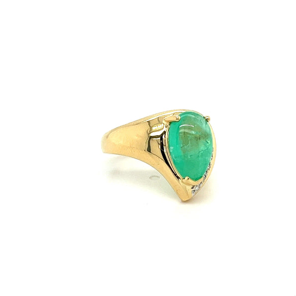 7.81 Carat Pear Shaped Cabochon Emerald & Diamond in 18K Yellow Gold Ring