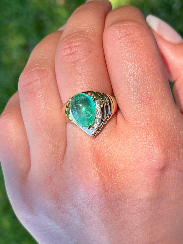 7.81 Carat Pear Shaped Cabochon Emerald & Diamond in 18K Yellow Gold Ring