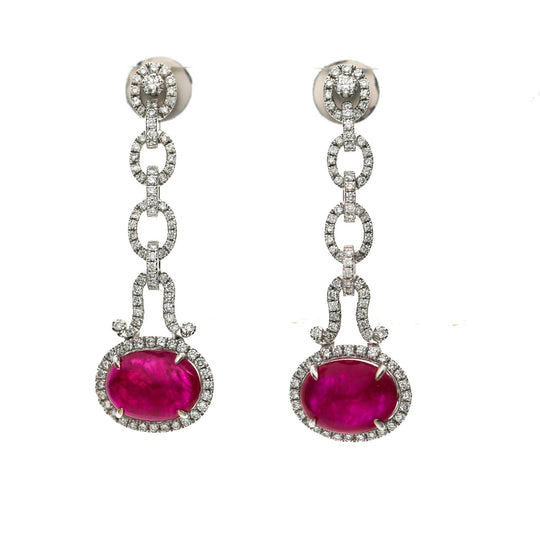 8.05 Carat Oval Cabochon Ruby & Diamond Halo in 18K White Gold Drop Earrings