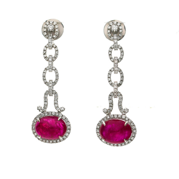 8.05 Carat Oval Cabochon Ruby & Diamond Halo in 18K White Gold Drop Earrings