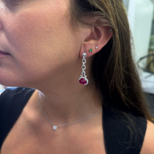 8.05 Carat Oval Cabochon Ruby & Diamond Halo in 18K White Gold Drop Earrings