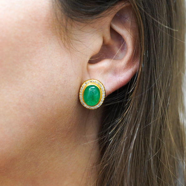 8.47 Carat Cabochon Emerald and Diamond Halo Earrings in 18K Gold