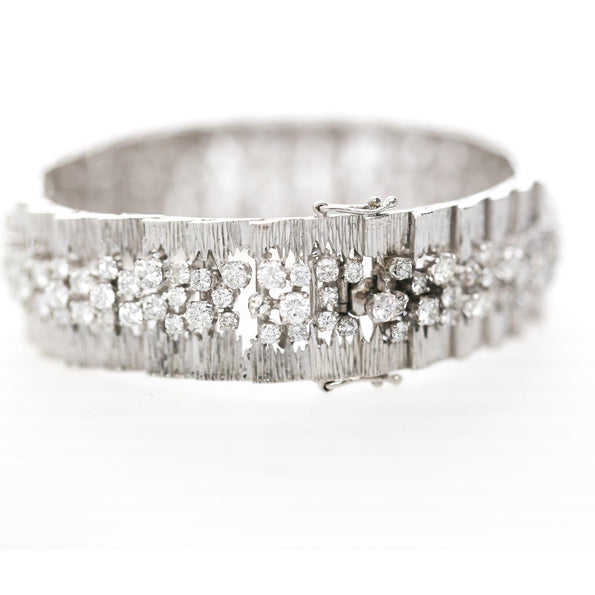 8.50 Carat Round Diamond Three-Row 14K White Gold Bark Texture Wide Bracelet