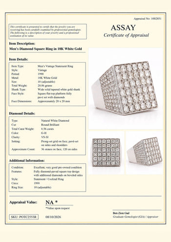 8.56 Carat Round Diamond Full Pave Square 18K White Gold Vintage Mens Ring – Assay Jewelers