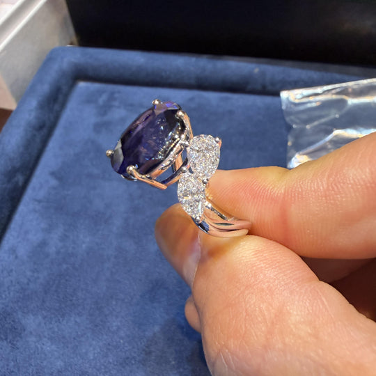 9.5 Carat No Heat Blue Sapphire and Pear Diamond Wing Ring