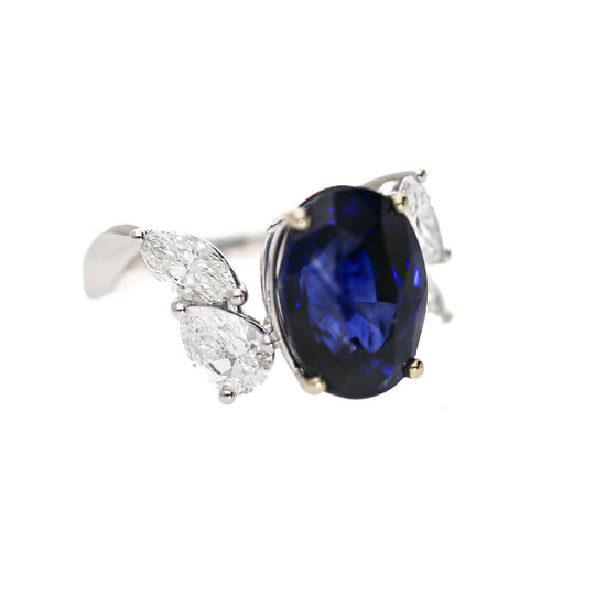 9.5 Carat No Heat Blue Sapphire and Pear Diamond Wing Ring