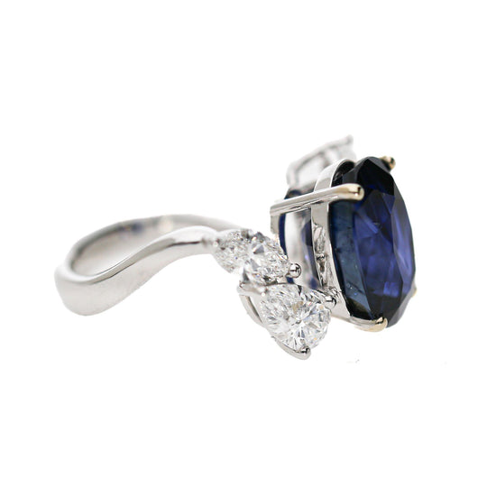 9.5 Carat No Heat Blue Sapphire and Pear Diamond Wing Ring