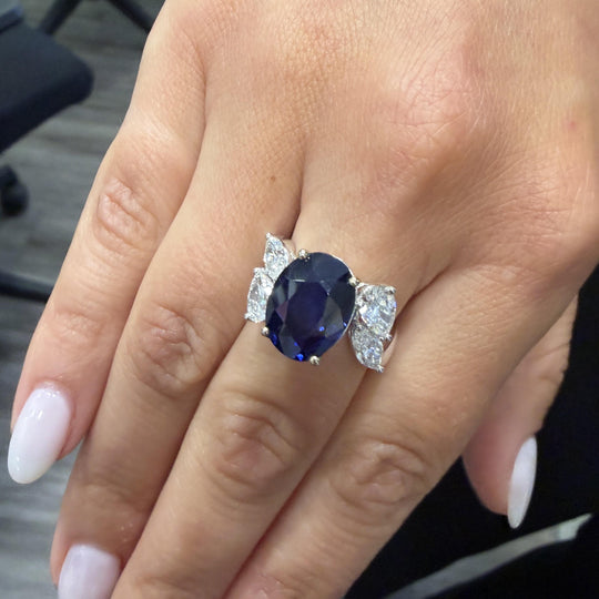 9.5 Carat No Heat Blue Sapphire and Pear Diamond Wing Ring