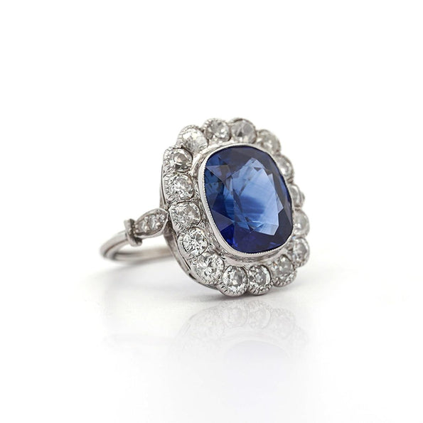 AGL Cert. 5 Carat Ceylon Blue Sapphire Art Deco Era Platinum Diamond Ring