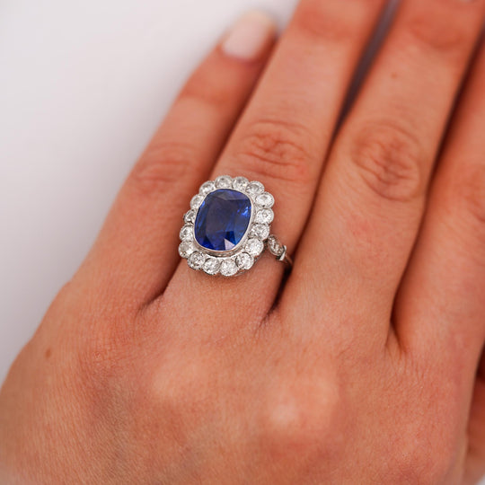AGL Cert. 5 Carat Ceylon Blue Sapphire Art Deco Era Platinum Diamond Ring