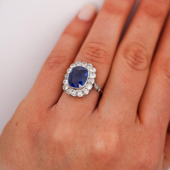 AGL Cert. 5 Carat Ceylon Blue Sapphire Art Deco Era Platinum Diamond Ring