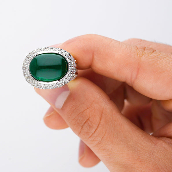 AGL Certified 10 Carat Cabochon Emerald and Diamond Cluster Ring