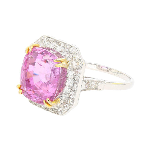 AGL Certified 10.88 Carat Cushion Cut Pink Sapphire & Diamond Halo Ring