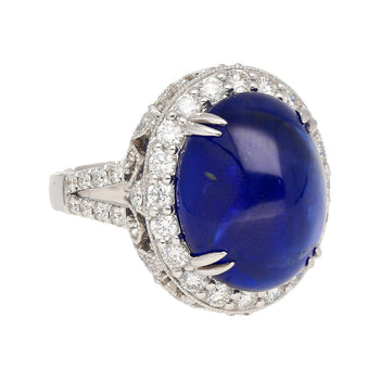 AGL Certified 16.68 Carat Cabochon Cut Ceylon Blue Sapphire Ring with Diamond Halo and Filigree Set 18K White Gold – Assay Jewelers