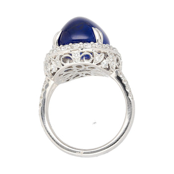 AGL Certified 16.68 Carat Cabochon Cut Ceylon Blue Sapphire Ring with Diamond Halo and Filigree Set 18K White Gold – Assay Jewelers