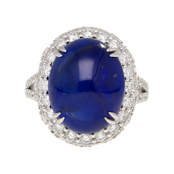 AGL Certified 16.68 Carat Cabochon Cut Ceylon Blue Sapphire Ring with Diamond Halo and Filigree Set 18K White Gold – Assay Jewelers