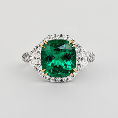AGL Certified 3.52ct Cushion Colombian Emerald Half Moon Diamond Ring