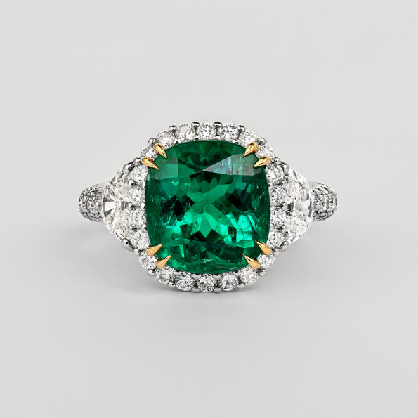 AGL Certified 3.52ct Cushion Colombian Emerald Half Moon Diamond Ring