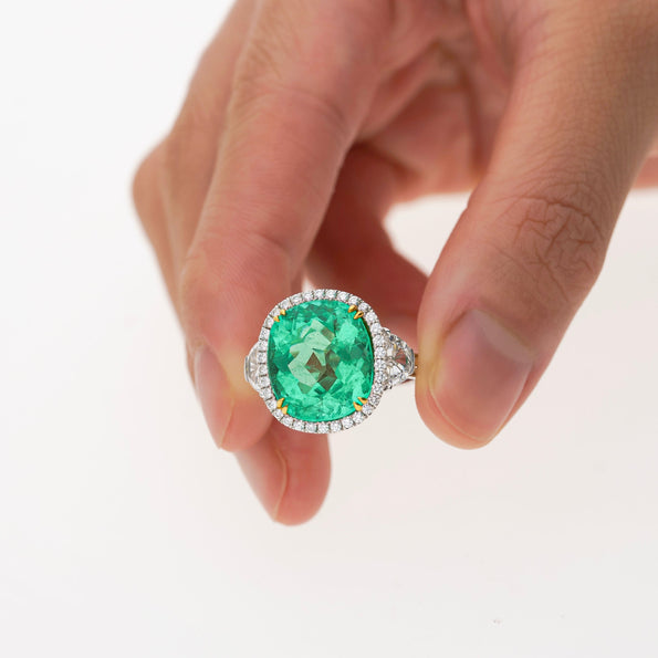 AGL Certified 7.36 Carat No Oil Cushion-Cut Colombian Emerald & Half Moon Cut Diamonds Ring