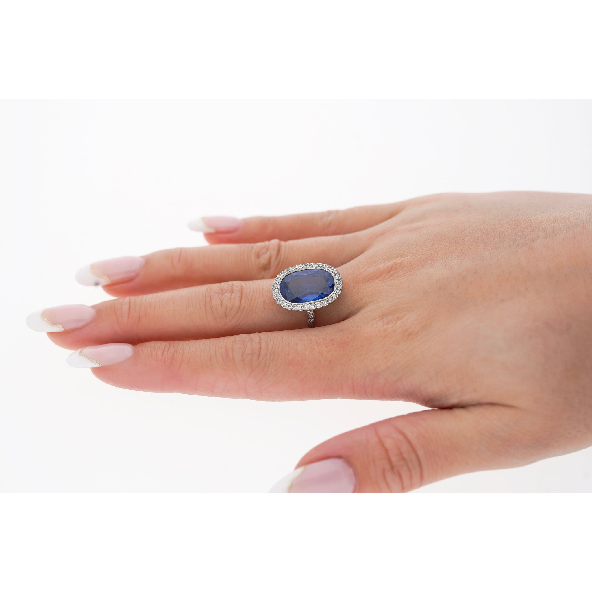AGL Certified 7.76 Carat No Heat Burma Oval Blue Sapphire Vintage Edwardian Ring in Platinum
