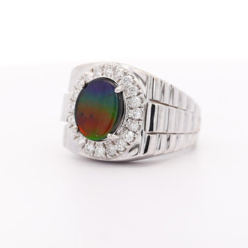Ammolite & Diamond Halo in 14K White Gold Men's Statement Ring – Assay Jewelers