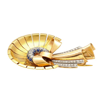 Antique 1940's Diamond & Sapphire Bonnet (Hat) and Ribbon Brooch in 18K Rose & Yellow Gold – Assay Jewelers