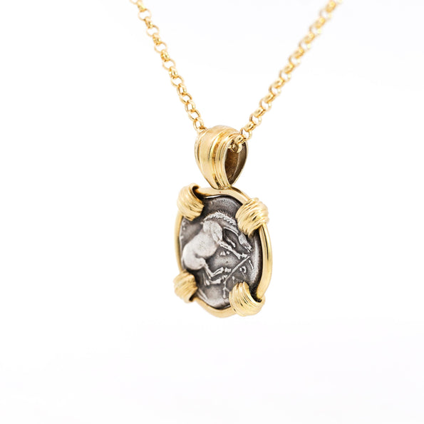 Antique Larissa Greek Coin in 18K Gold Frame Pendant