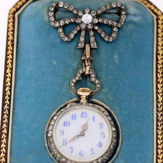 Antique Maison Aucoc Paris Diamond Guilloché Enamel 18K Lapel Bow Brooch Watch