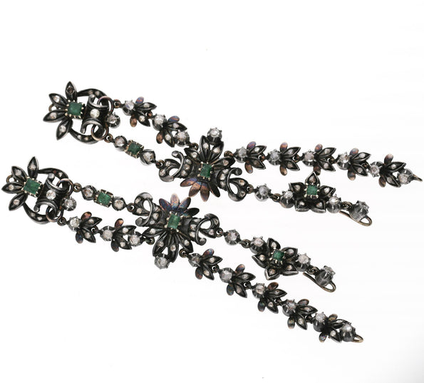 Antique Victorian Emerald Rose Cut Diamond Silver/Gold Parure Suite Necklace