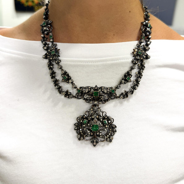 Antique Victorian Emerald Rose Cut Diamond Silver/Gold Parure Suite Necklace