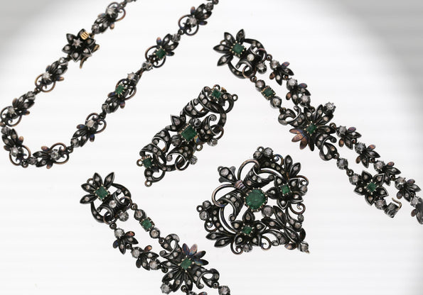 Antique Victorian Emerald Rose Cut Diamond Silver/Gold Parure Suite Necklace