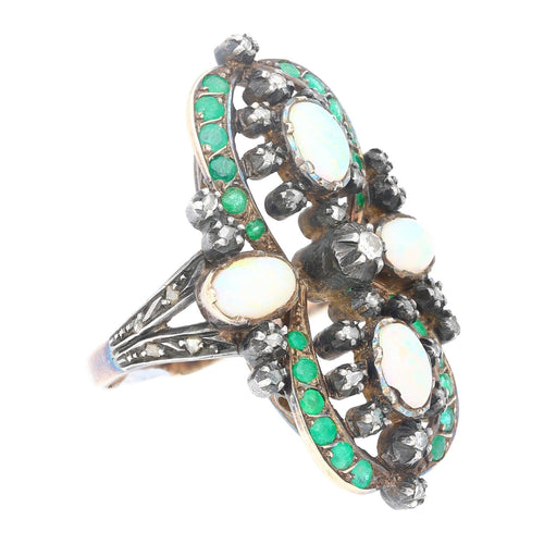 Antique Victorian Era 1800s Opal, Emerald, and Diamond Ring in Gold and Silver