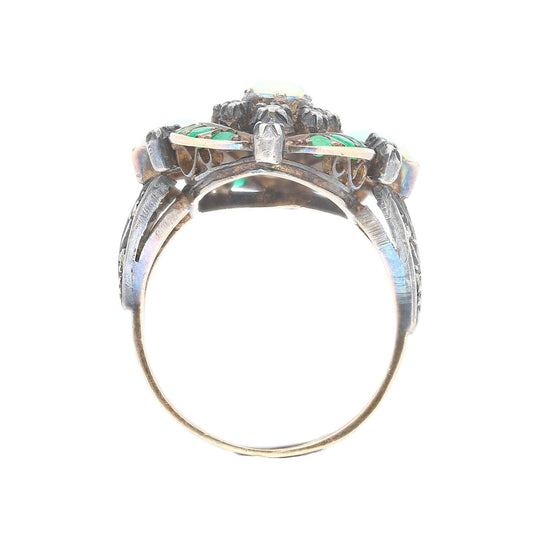 Antique Victorian Era 1800s Opal, Emerald, and Diamond Ring in Gold and Silver