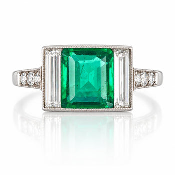 Art Deco 1.58 Carat No Oil Colombian Emerald & Diamond 3 Stone Platinum Ring – Assay Jewelers