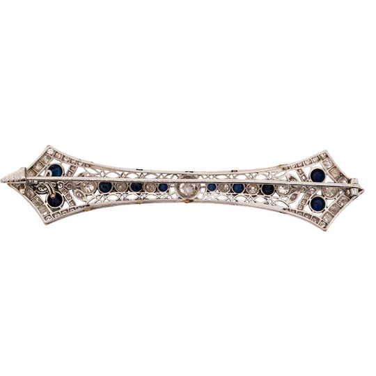 Art Deco 4 Carat Old European Cut Diamond & Sapphire 18K White Gold Pin Brooch