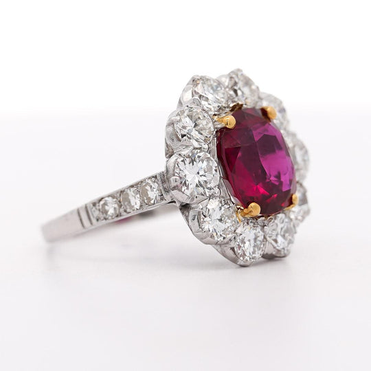 Art Deco 4.05 Carat Ruby and Old Euro Diamond Halo Platinum Ring - AGL Certified