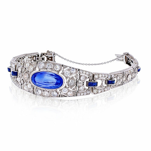 Art Deco Era 20 Carat Oval-Cut Ceylon Sapphire and Old-Euro Cut Diamond Bracelet