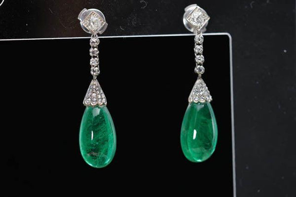 Art Deco Era 21 Carat Cabochon Pear Shape Emerald Drop Earrings | Circa 1940