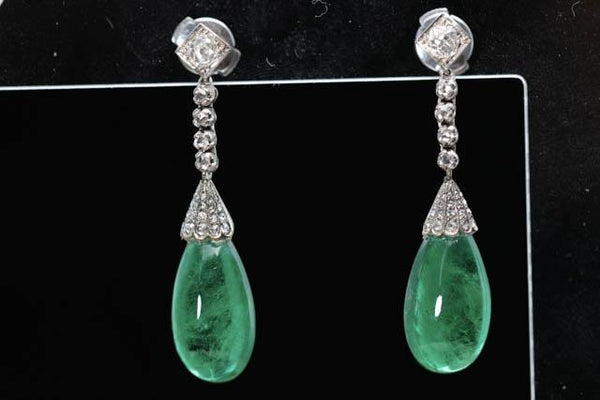 Art Deco Era 21 Carat Cabochon Pear Shape Emerald Drop Earrings | Circa 1940