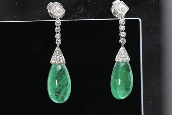 Art Deco Era 21 Carat Cabochon Pear Shape Emerald Drop Earrings | Circa 1940
