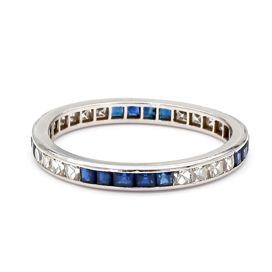Art Deco French Cut Diamond & Sapphire Platinum Full Eternity Wedding Band Ring