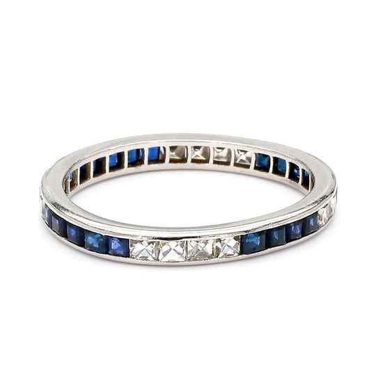 Art Deco French Cut Diamond & Sapphire Platinum Full Eternity Wedding Band Ring