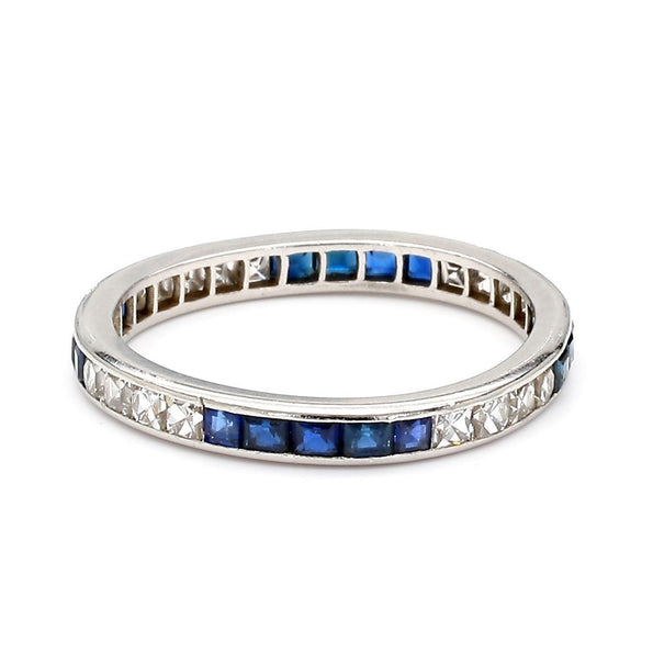 Art Deco French Cut Diamond & Sapphire Platinum Full Eternity Wedding Band Ring